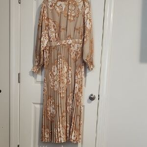 Tan and Gold Long Sleeve Sundress with Bishop Sleeves and Peter Pan Collar